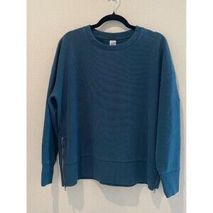 Te Verde Teal Blue Side Zipper Crew Neck Sweatshirt Cotton Blend Large